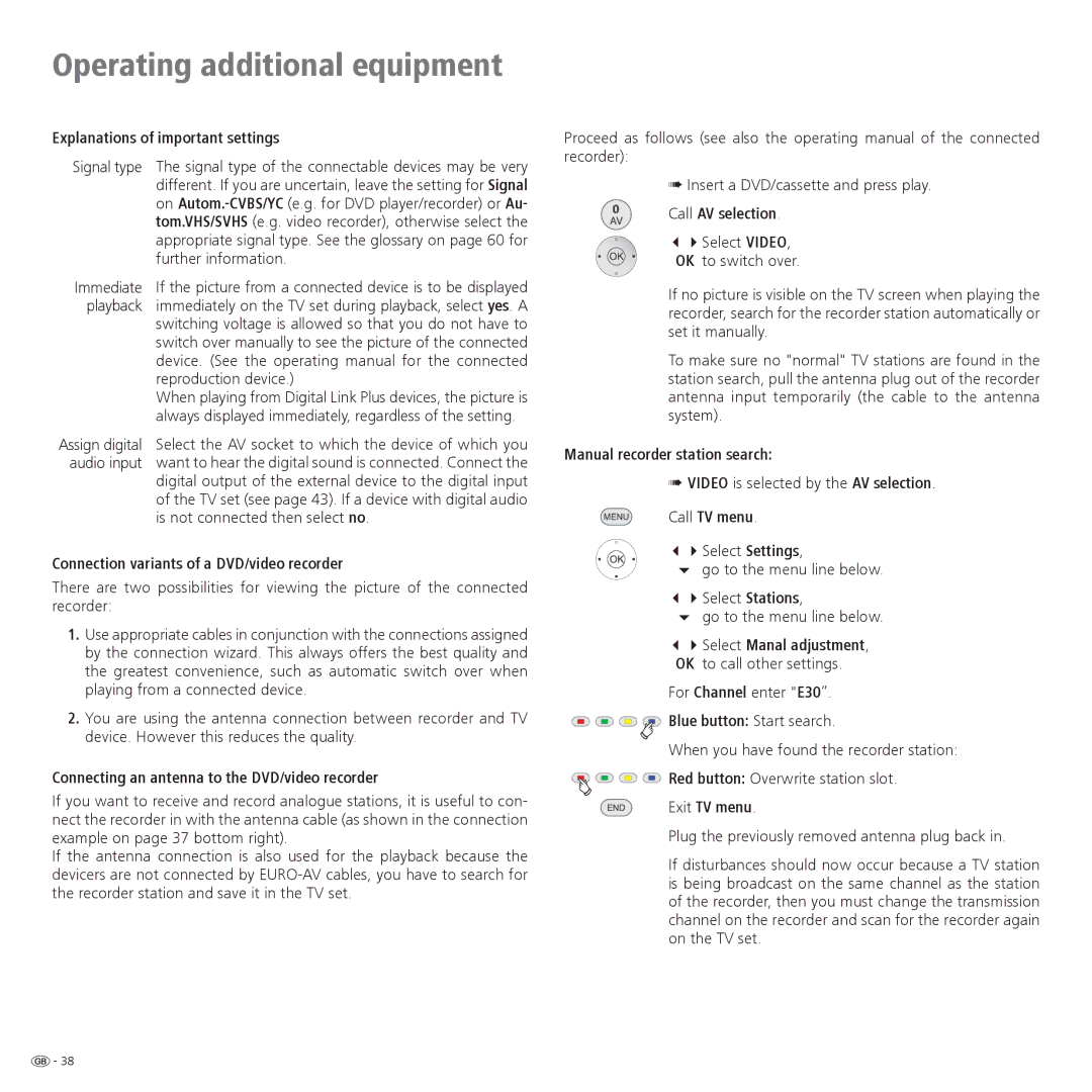 Loewe 37 Explanations of important settings, Connection variants of a DVD/video recorder, Manual recorder station search 