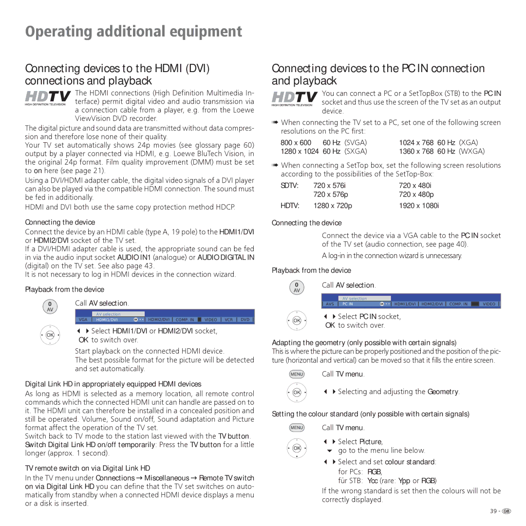 Loewe 32, 42, 37 operating instructions Connecting devices to the PC in connection and playback 