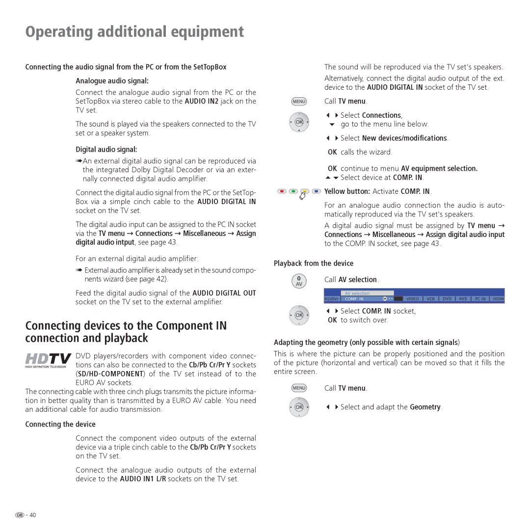 Loewe 42, 32, 37 operating instructions Digital audio signal, Yellow button Activate COMP 