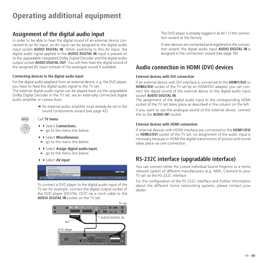 Loewe 42, 32, 37 operating instructions Assignment of the digital audio input, Audio connection in Hdmi DVI devices 