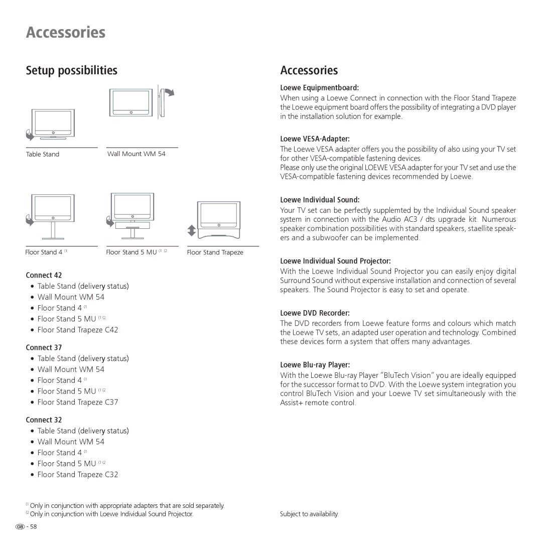 Loewe 42, 32, 37 operating instructions Accessories, Setup possibilities 