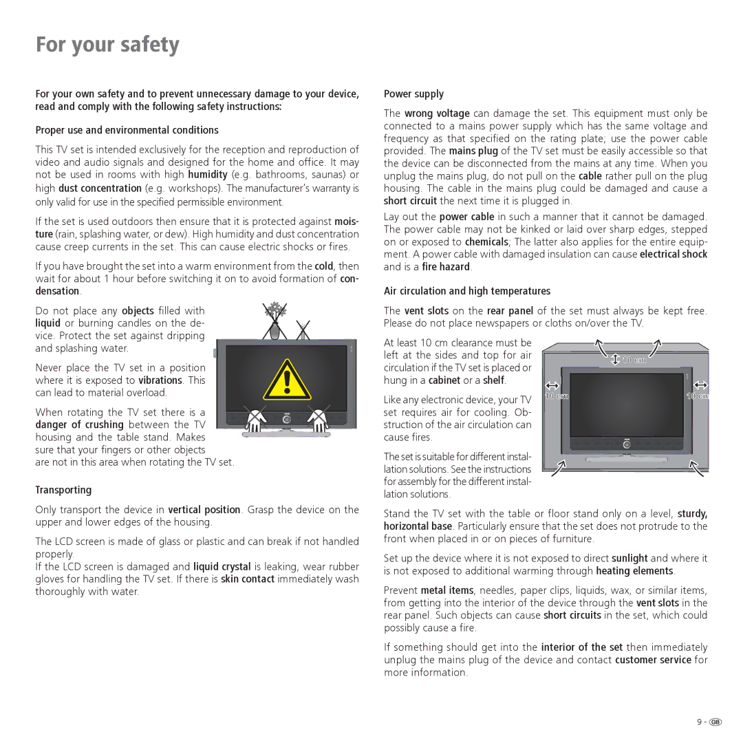 Loewe 32, 42 For your safety, Proper use and environmental conditions, Power supply, Air circulation and high temperatures 