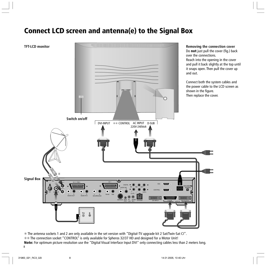 Loewe 37 HD, 32 HD Connect LCD screen and antennae to the Signal Box, TFT-LCD monitor, Removing the connection cover, Tv R 