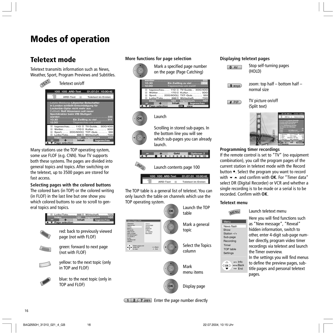 Loewe 32 HD/DR+ manual Teletext mode, More functions for page selection, Programming timer recordings, Teletext menu 