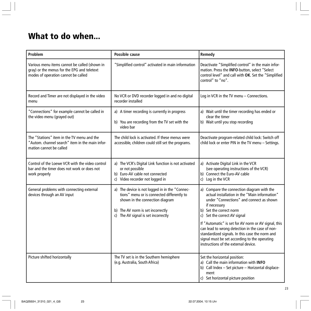 Loewe 32 HD/DR+ manual What to do when, Problem Possible cause Remedy 