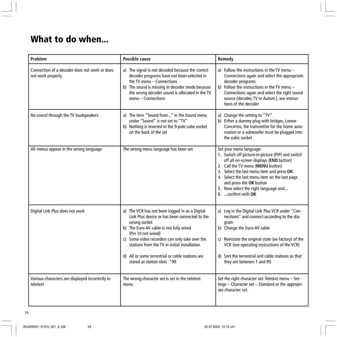 Loewe 32 HD/DR+ manual Not work properly, TV menu Ð Connections Decoder programs, Menu Ð Connections, Tions of the decoder 