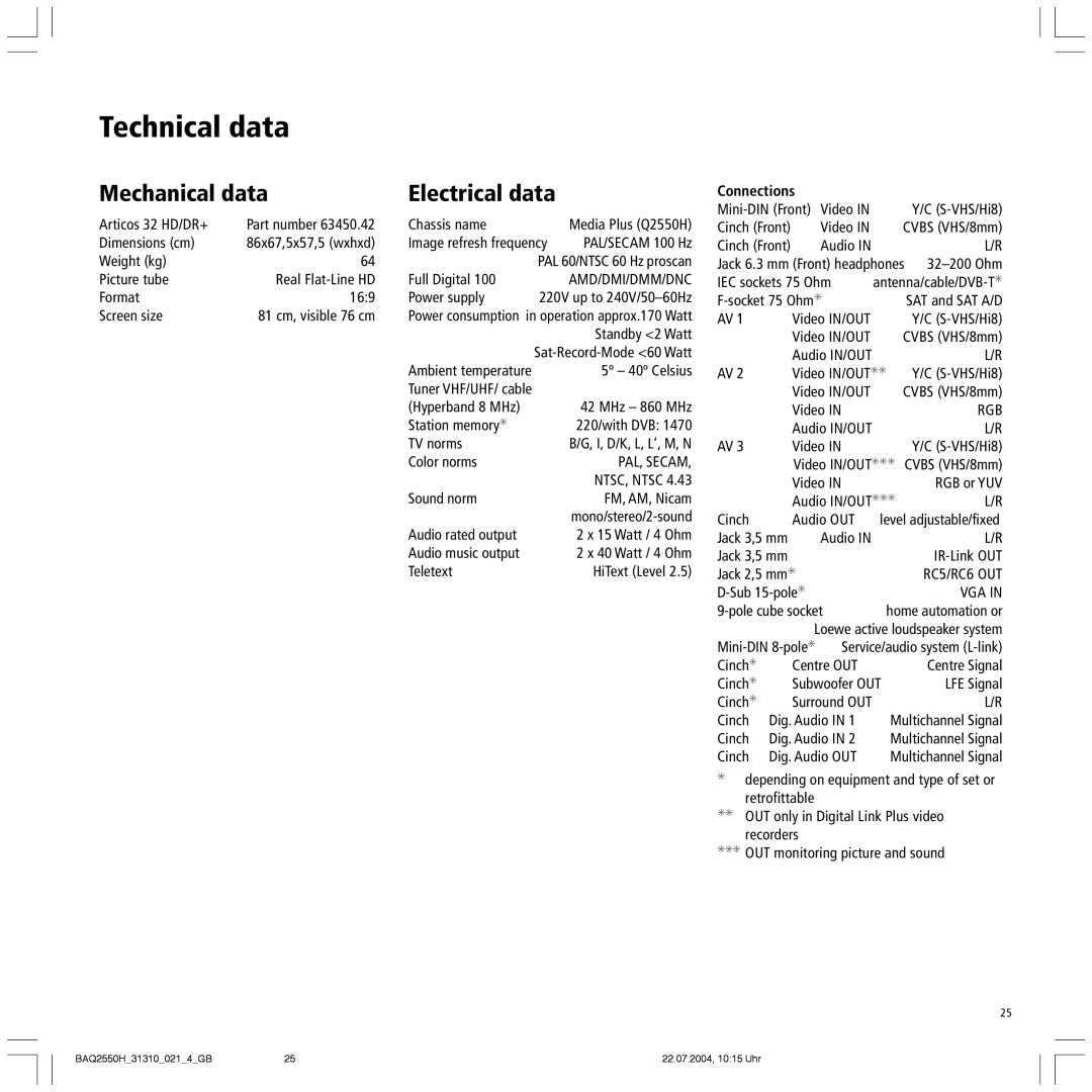 Loewe 32 HD/DR+ manual Technical data, Mechanical data 