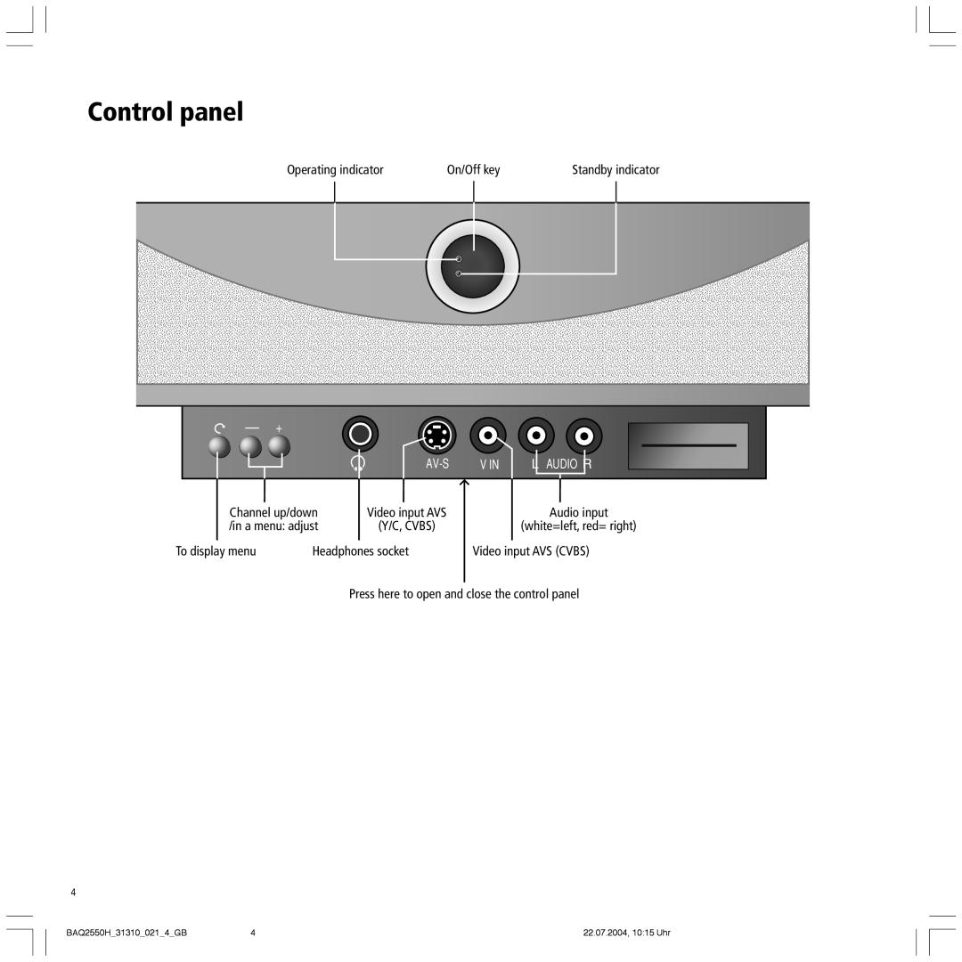 Loewe 32 HD/DR+ manual Control panel, Operating indicator On/Off key Standby indicator 