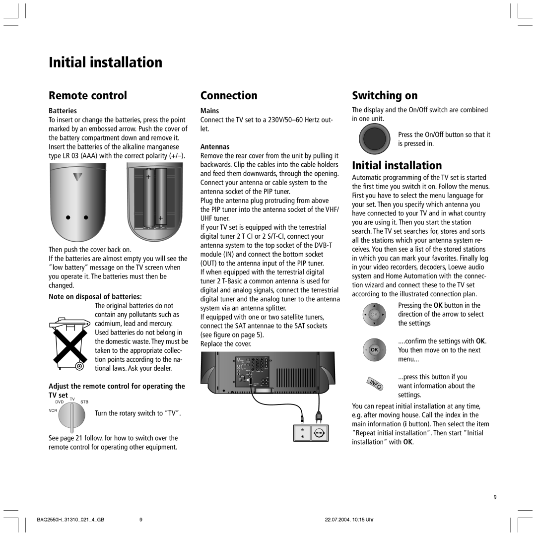 Loewe 32 HD/DR+ manual Initial installation, Remote control, Connection, Switching on 