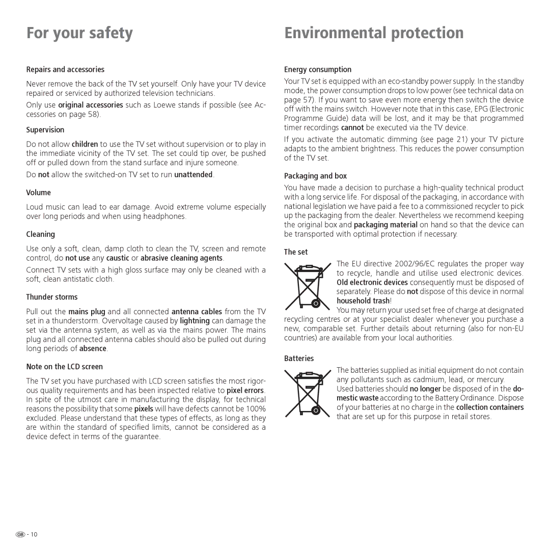 Loewe 32 Repairs and accessories, Supervision, Volume, Cleaning, Thunder storms, Energy consumption, Packaging and box 