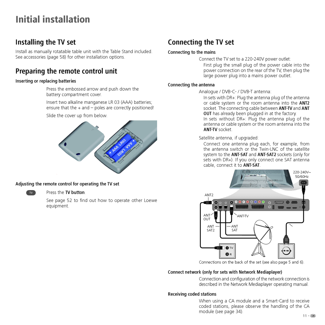 Loewe 32 manual Initial installation, Installing the TV set, Preparing the remote control unit, Connecting the TV set 