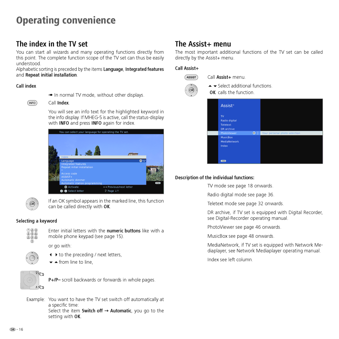 Loewe 32 manual Index in the TV set, Assist+ menu 