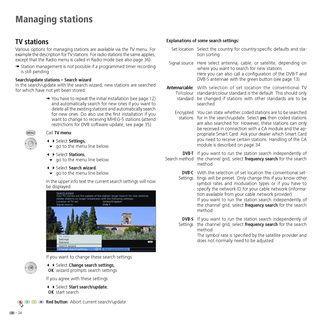 Loewe 32 manual Managing stations, TV stations, Search/update stations Search wizard, 34Select Search wizard 