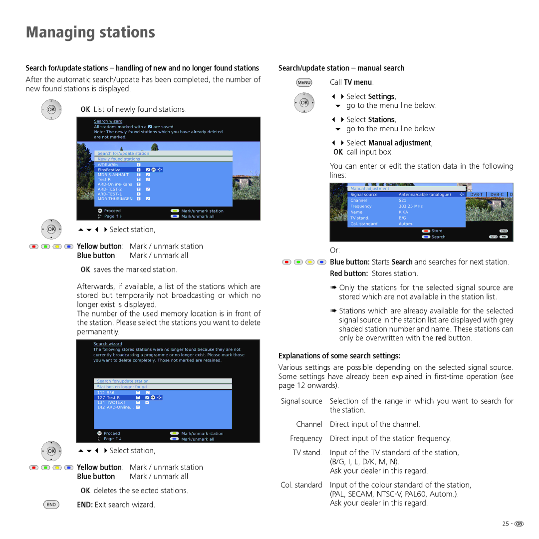 Loewe 32 Search/update station manual search, Go to the menu line below 34Select Stations 