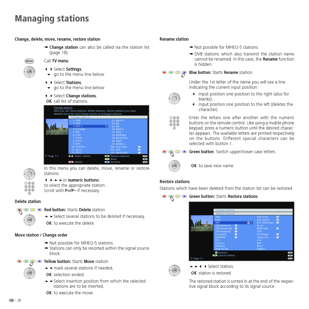 Loewe 32 Change, delete, move, rename, restore station, 34Select Change stations, 3456or numeric buttons, Rename station 