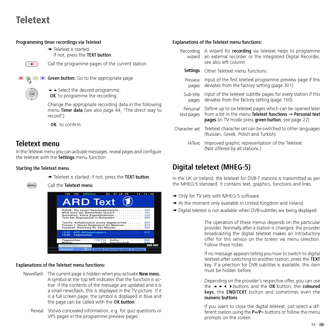 Loewe 32 manual Teletext menu, Digital teletext MHEG-5 