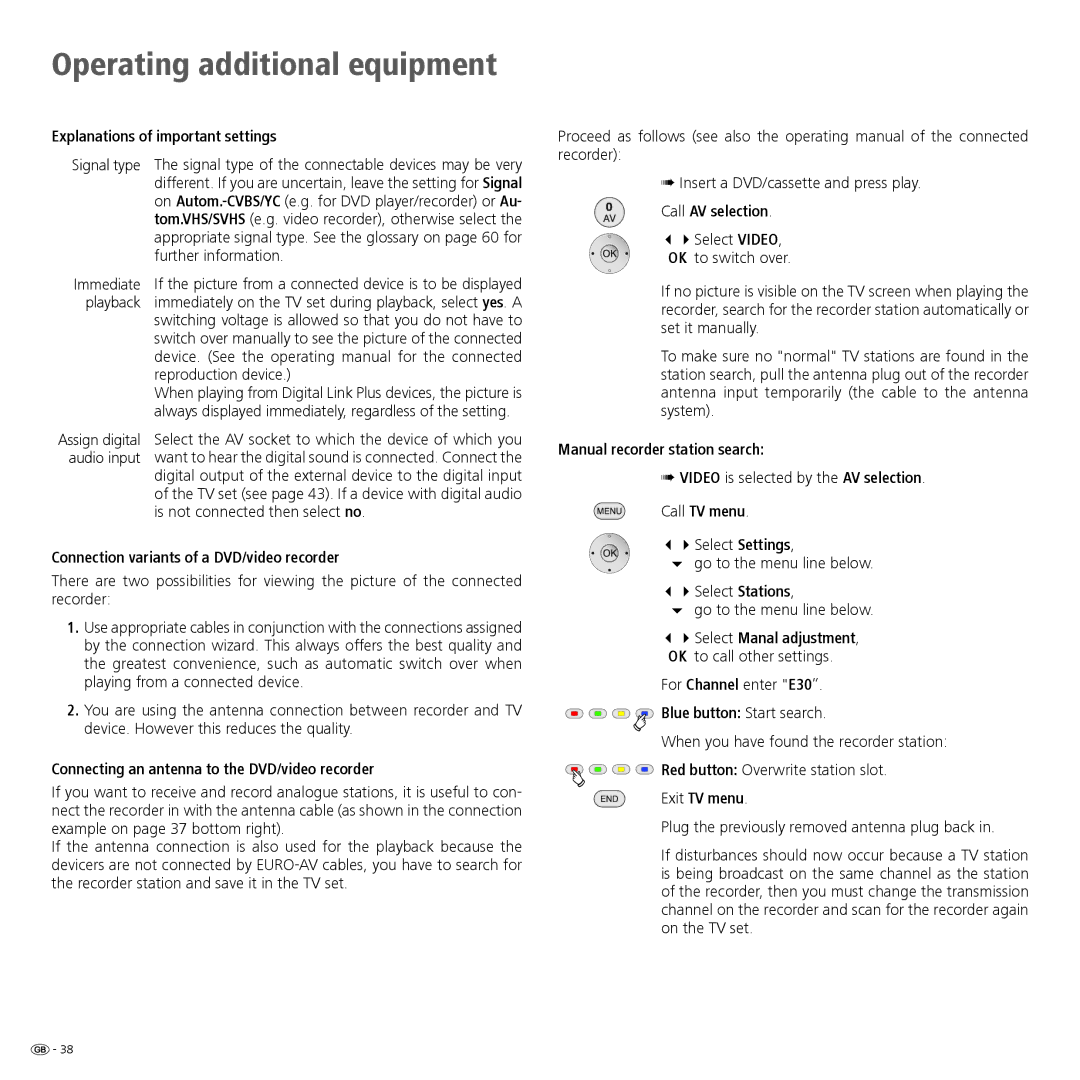 Loewe 32 Explanations of important settings, Connection variants of a DVD/video recorder, Manual recorder station search 