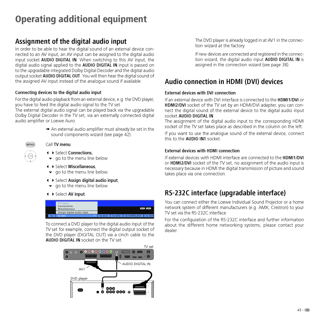 Loewe 32 manual Assignment of the digital audio input, Audio connection in Hdmi DVI devices 