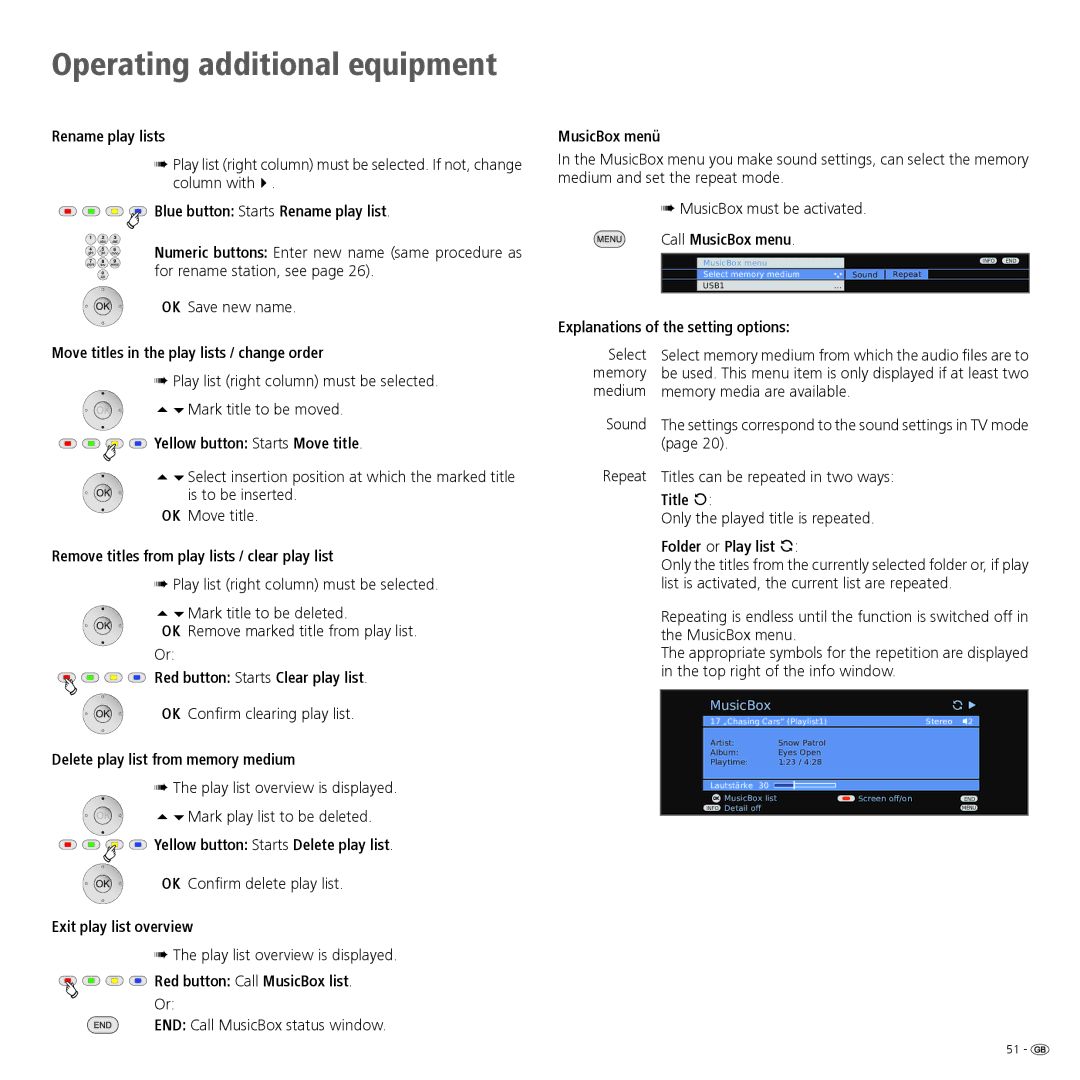 Loewe 32 Rename play lists, Blue button Starts Rename play list, Move titles in the play lists / change order, Title  