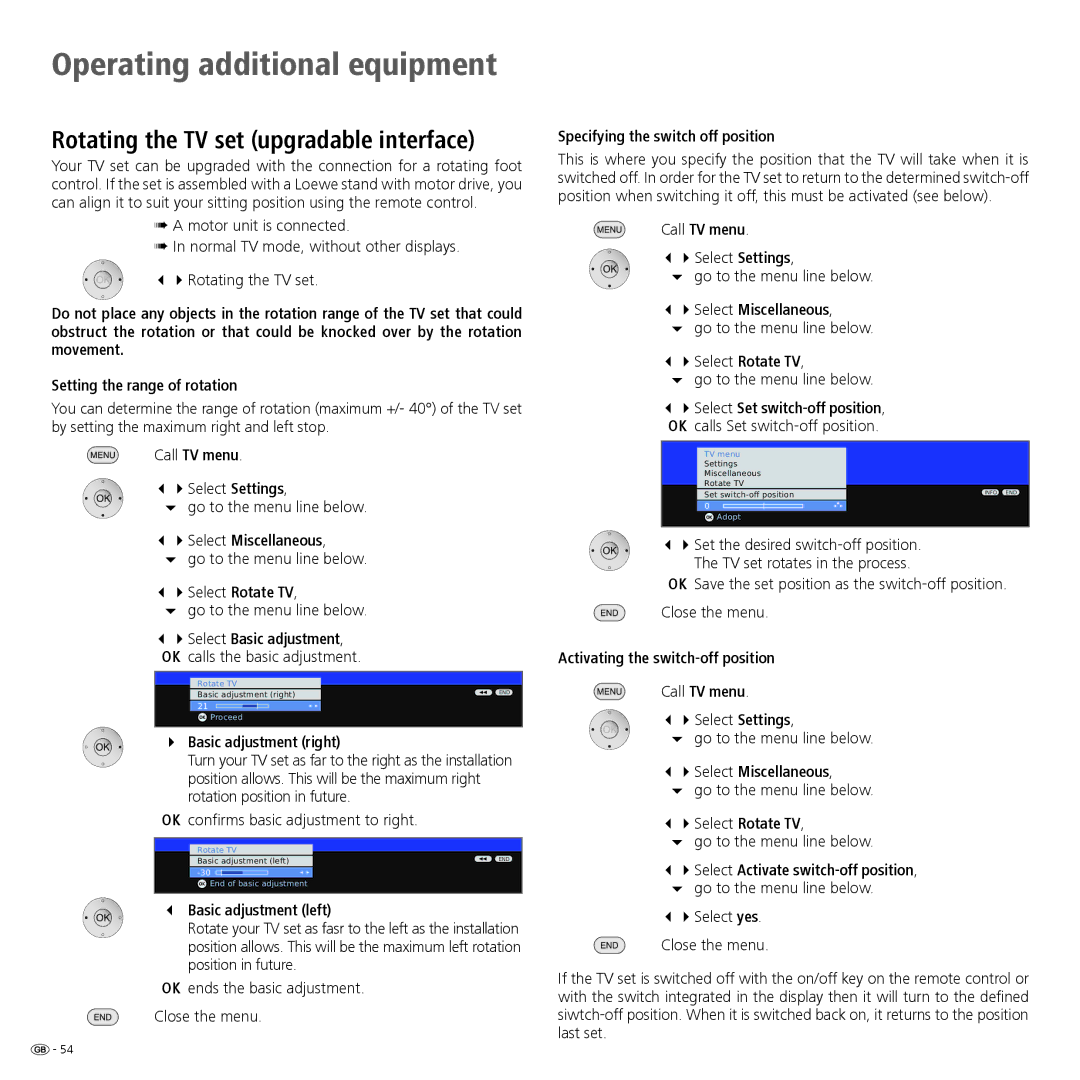 Loewe 32 manual 34Select Rotate TV, Basic adjustment right, Basic adjustment left, Specifying the switch off position 