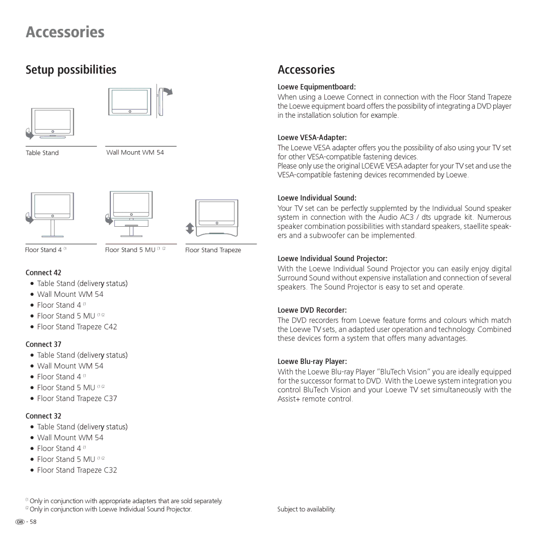 Loewe 32 manual Accessories, Setup possibilities 