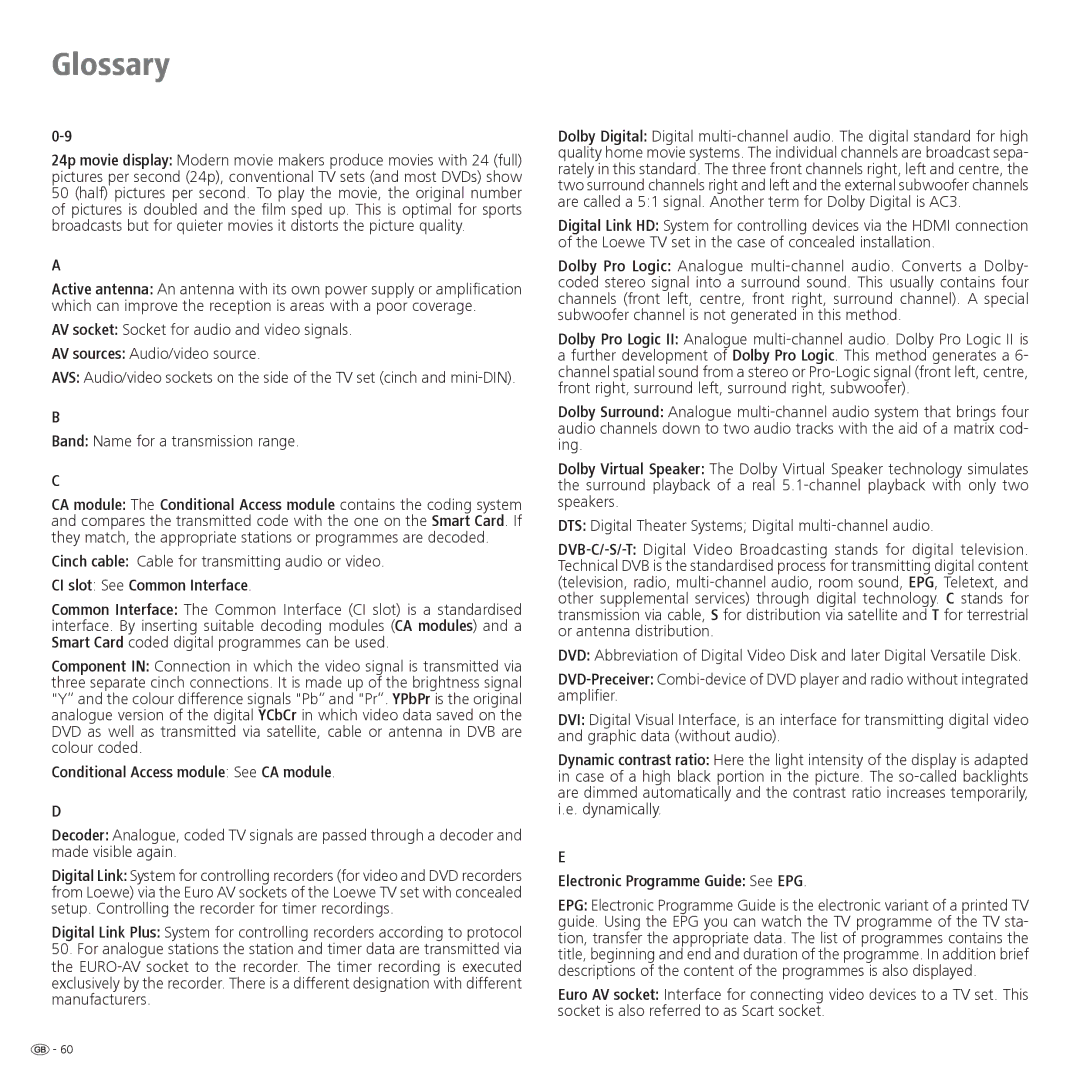 Loewe 32 manual Glossary, CI slot See Common Interface, Conditional Access module See CA module 