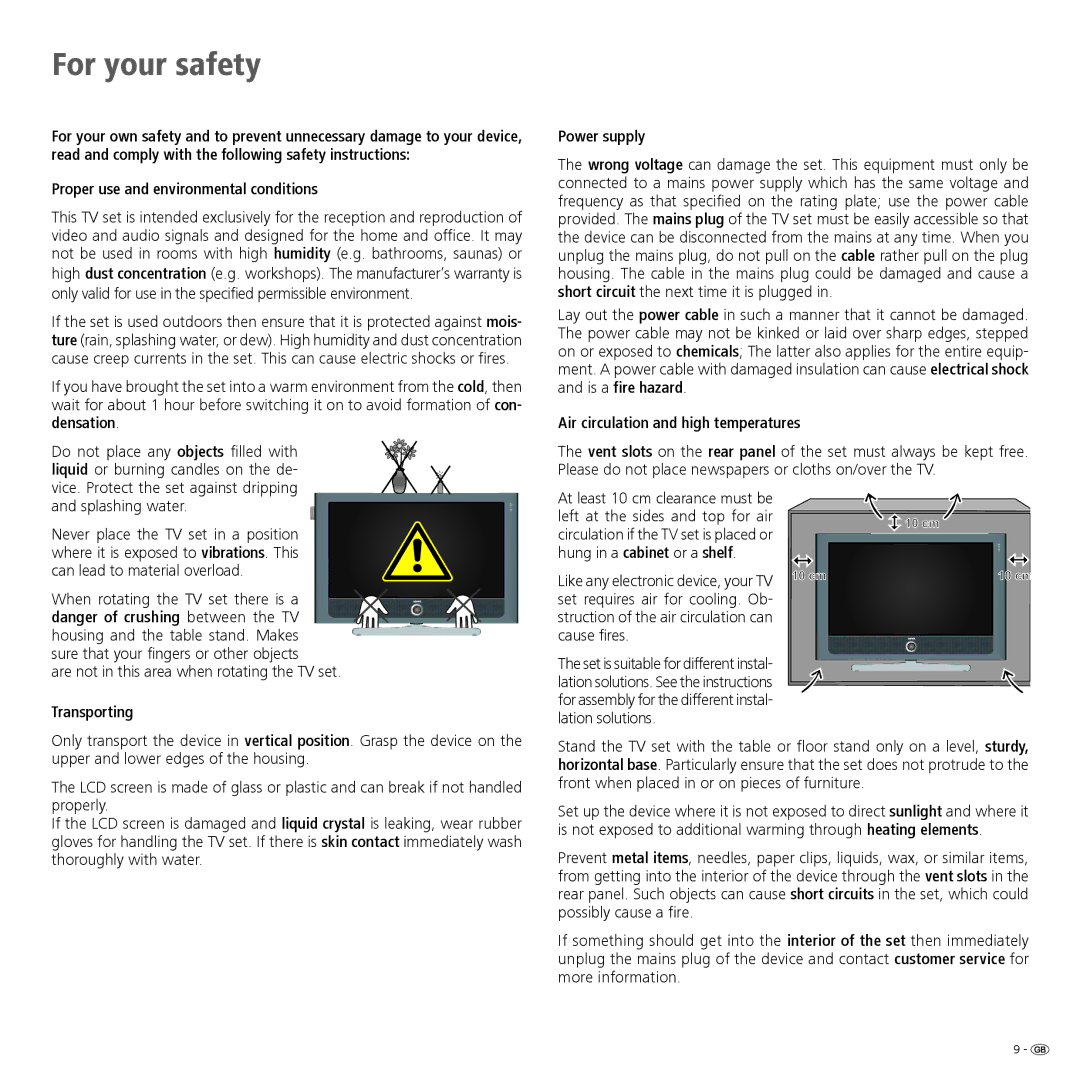 Loewe 32 For your safety, Proper use and environmental conditions, Power supply, Air circulation and high temperatures 