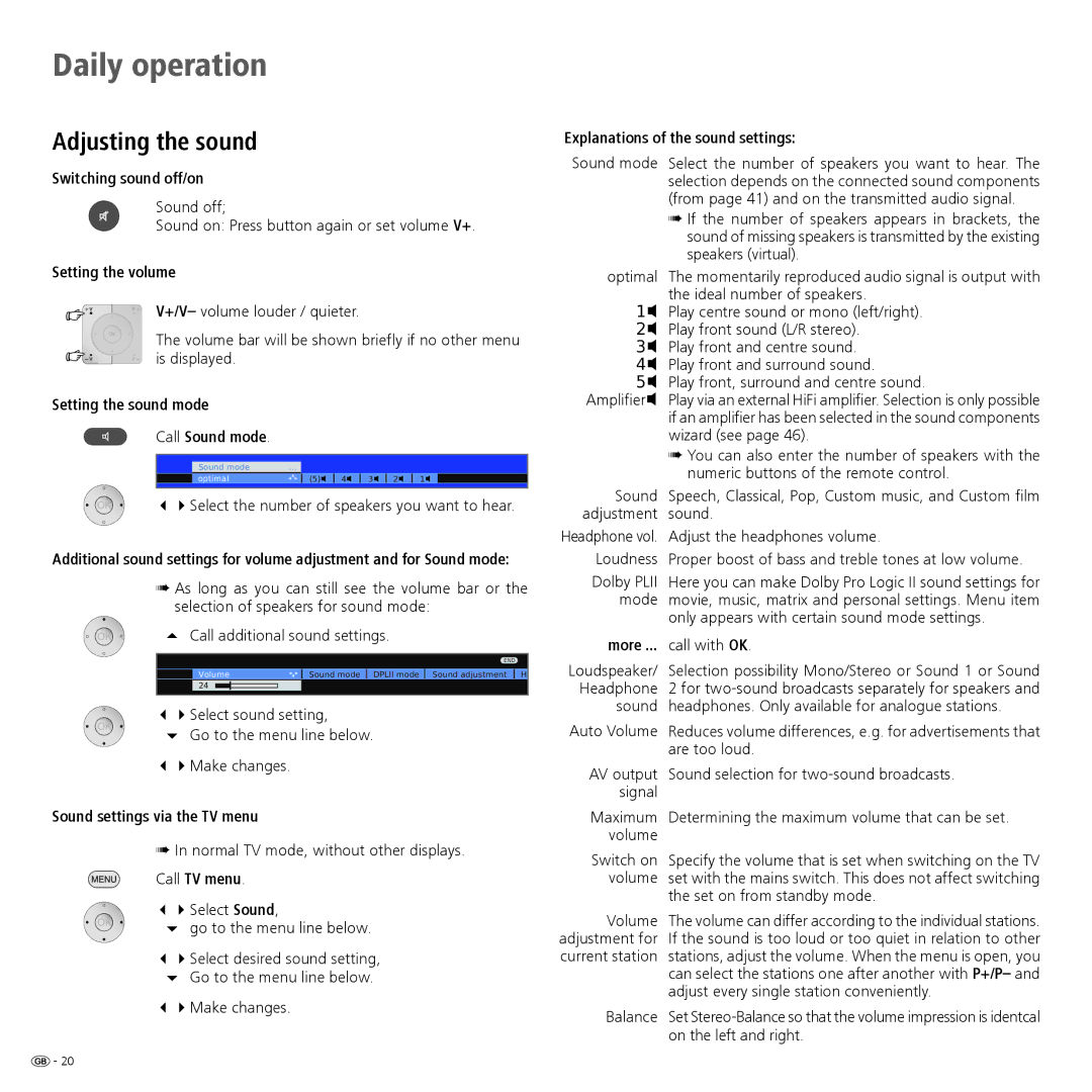 Loewe 32959022 manual Adjusting the sound 