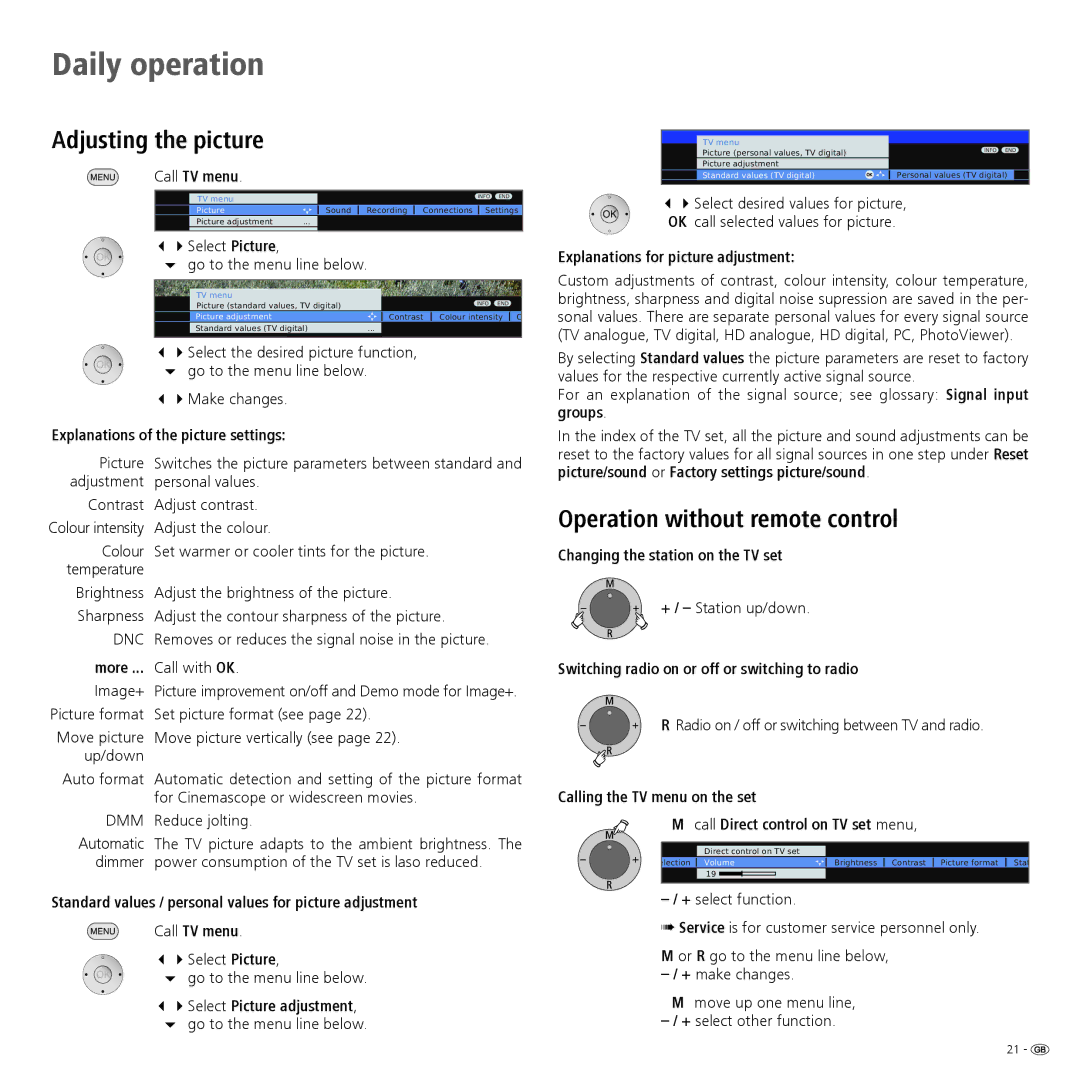 Loewe 32959022 manual Adjusting the picture, Operation without remote control 