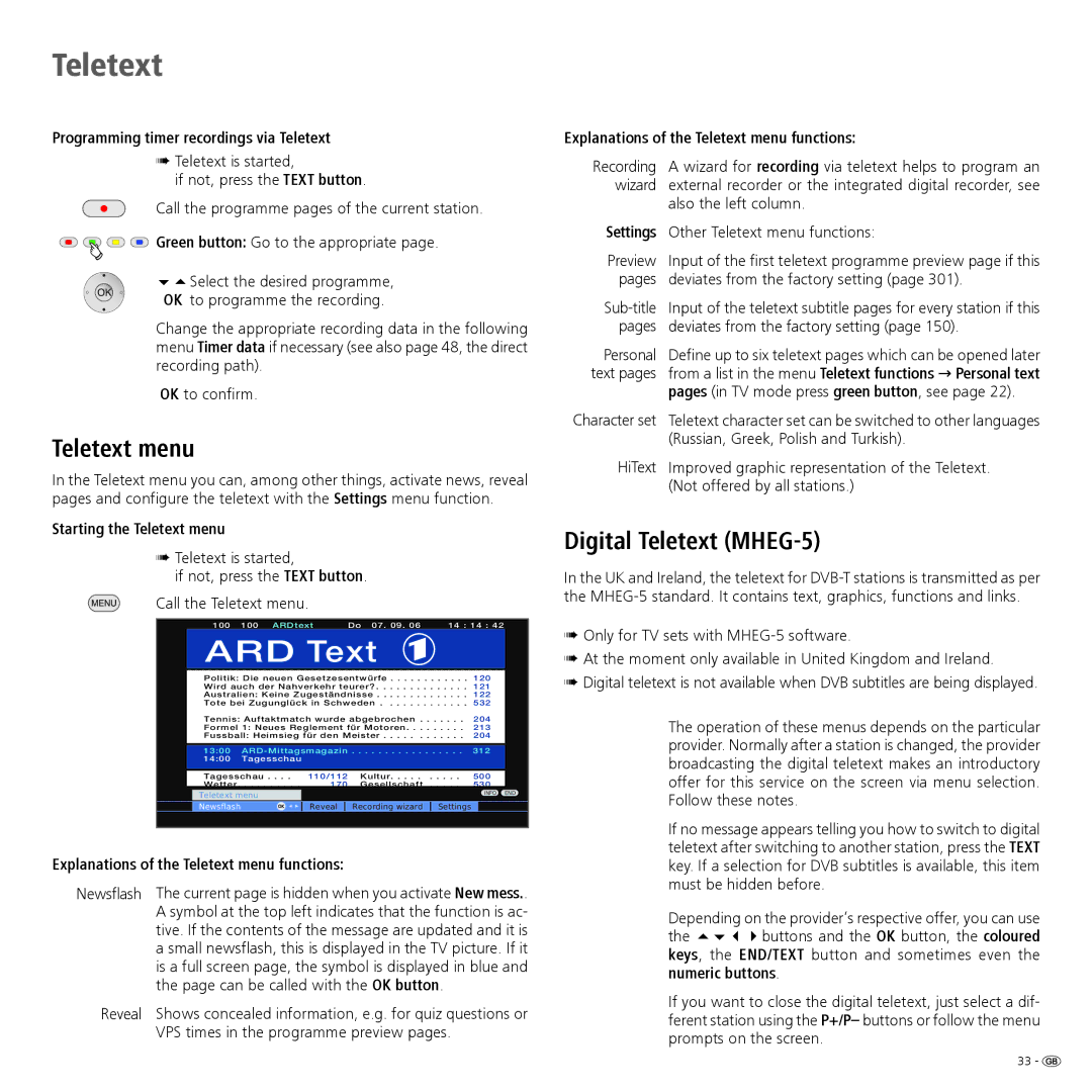 Loewe 32959022 manual Teletext menu, Digital Teletext MHEG-5 