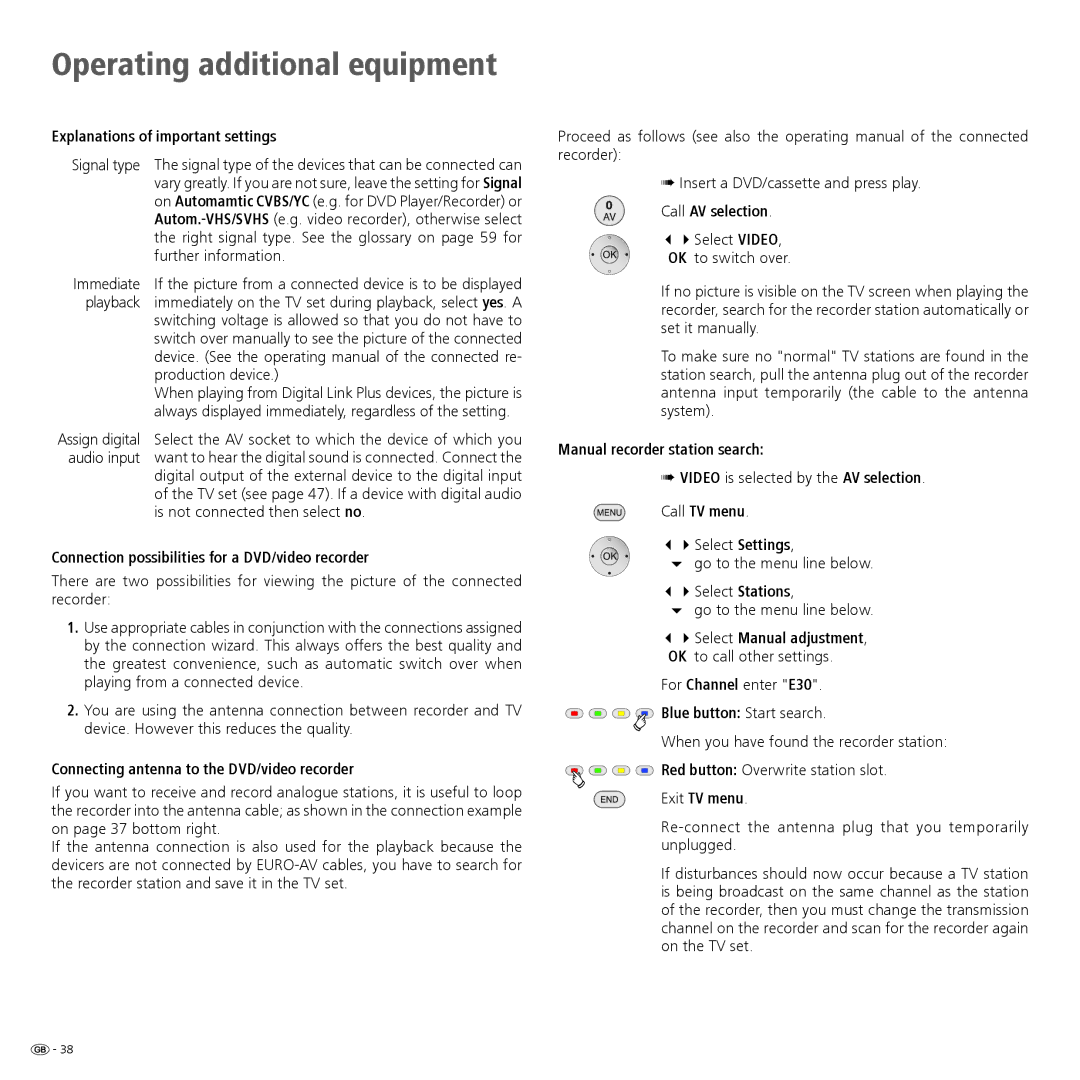 Loewe 32959022 manual Explanations of important settings, Connection possibilities for a DVD/video recorder, Exit TV menu 