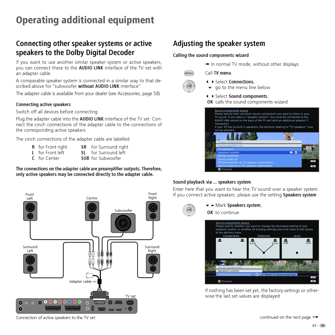 Loewe 32959022 manual Adjusting the speaker system 