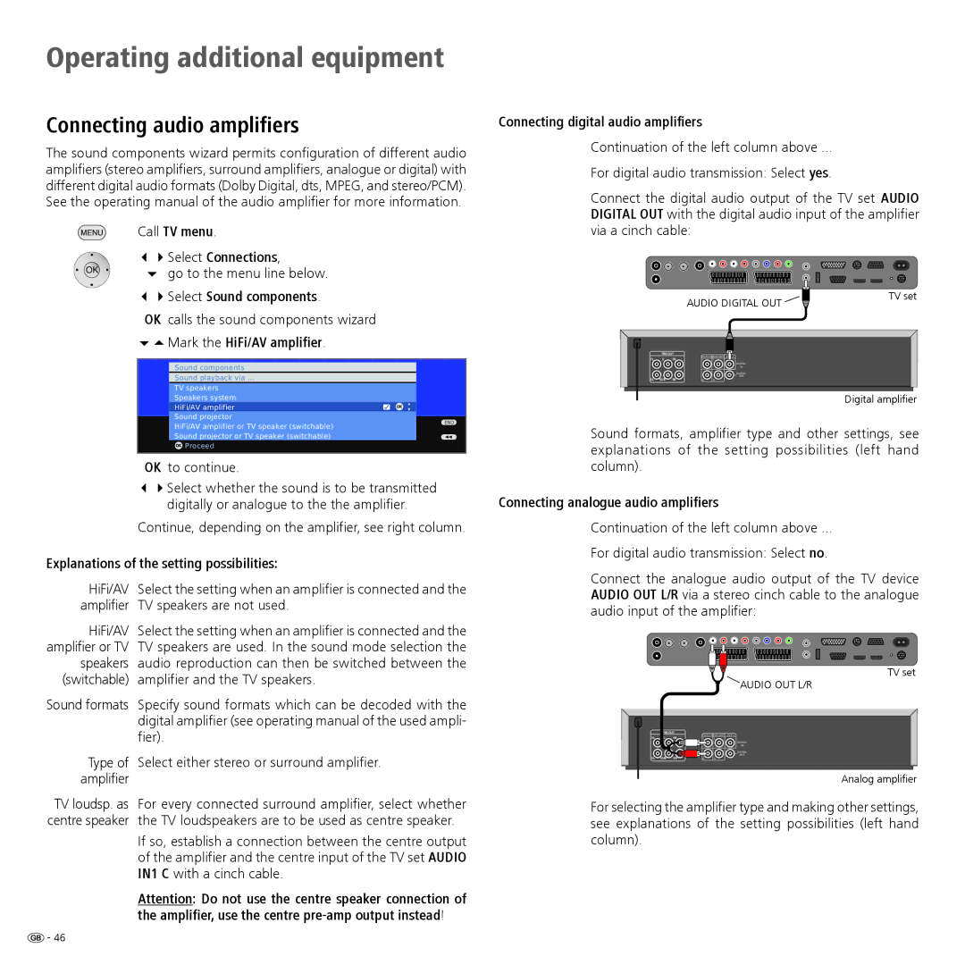 Loewe 32959022 manual Connecting audio amplifiers, Mark the HiFi/AV amplifier, Explanations of the setting possibilities 