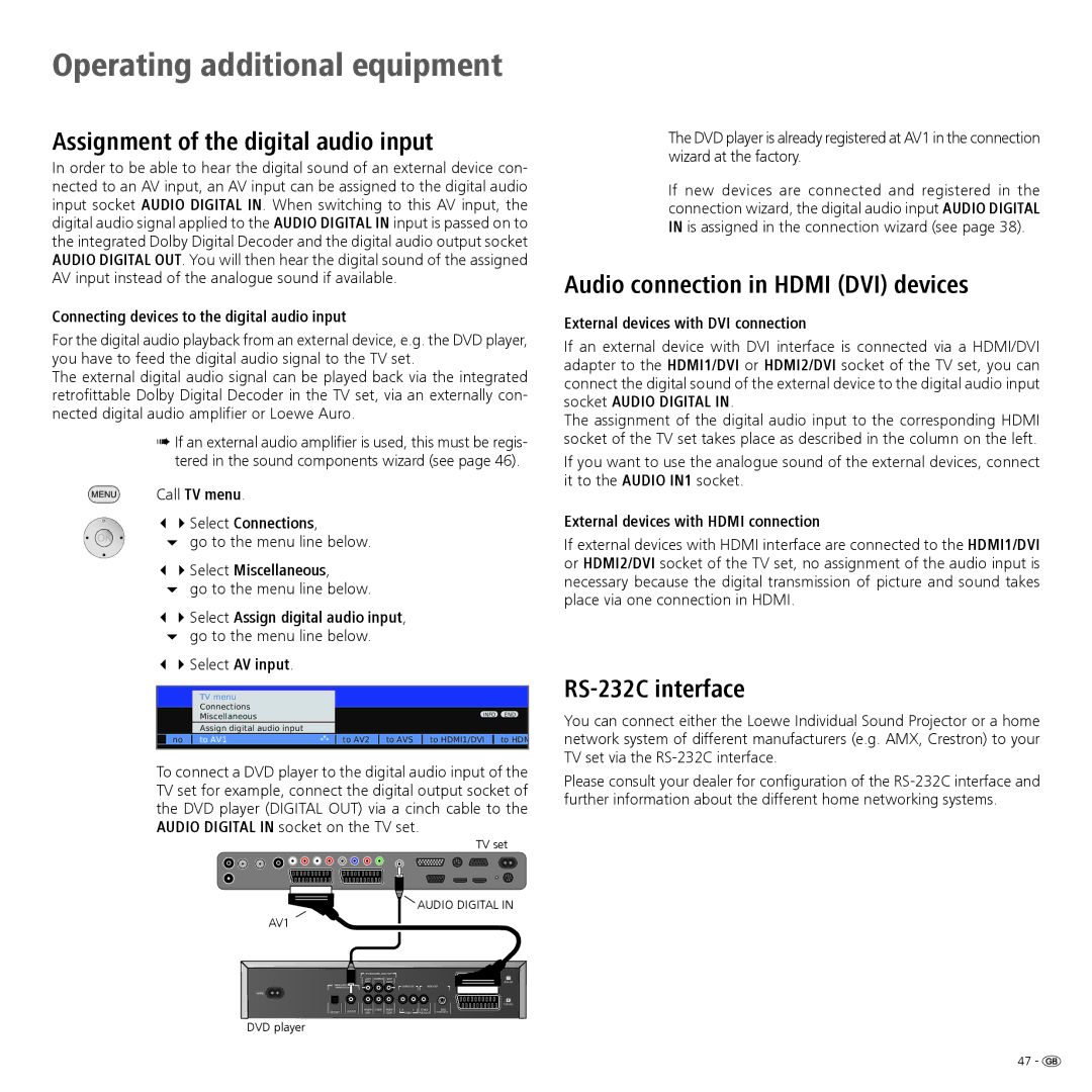 Loewe 32959022 manual Assignment of the digital audio input, Audio connection in Hdmi DVI devices, RS-232C interface 