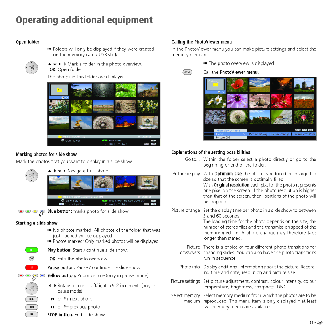 Loewe 32959022 manual Open folder, Marking photos for slide show, Starting a slide show, Calling the PhotoViewer menu 