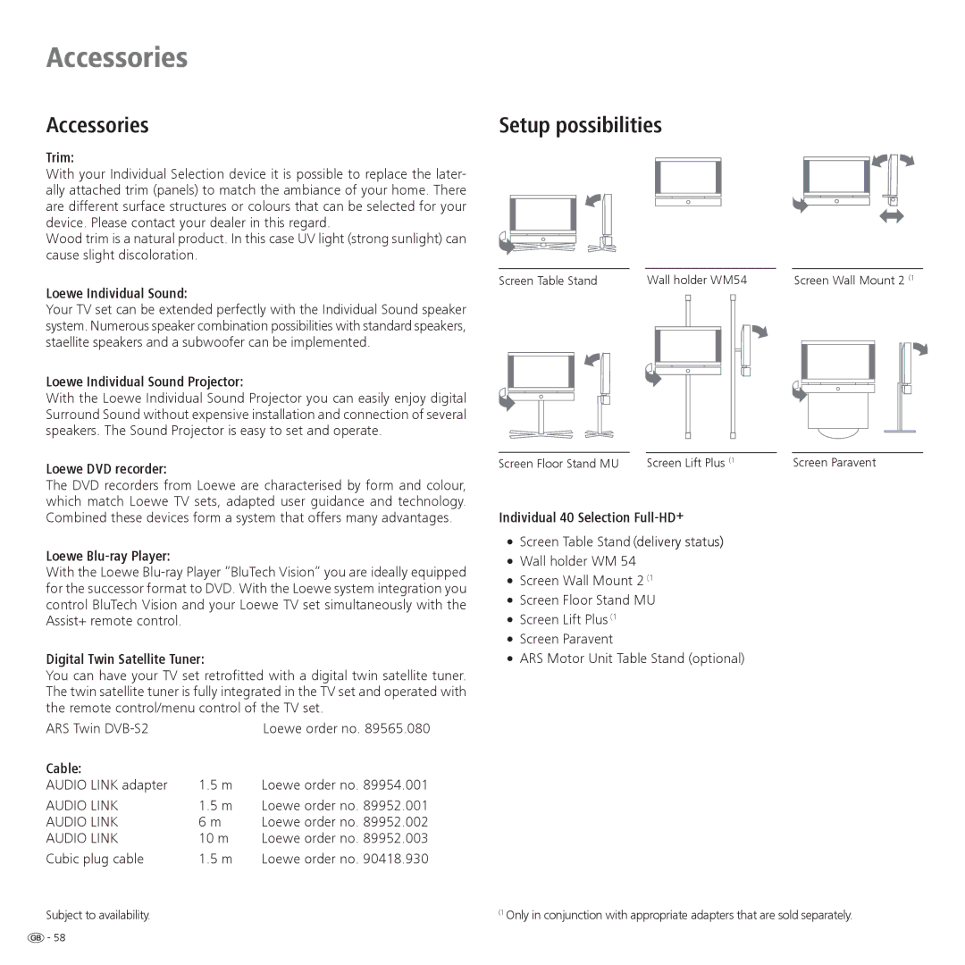 Loewe 32959022 manual Accessories, Setup possibilities 