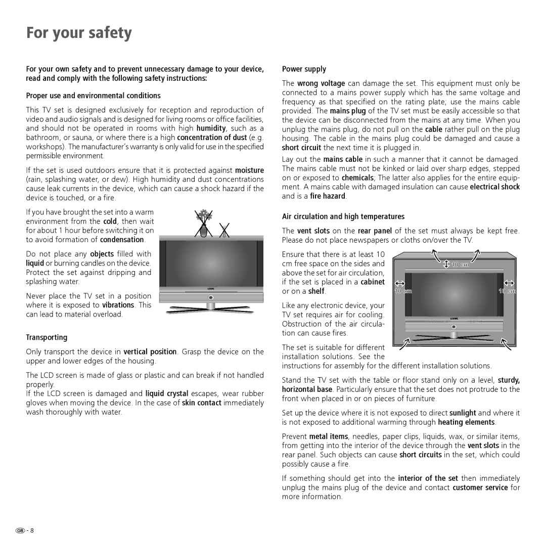 Loewe 32959022 manual For your safety, Proper use and environmental conditions, Power supply, Transporting 