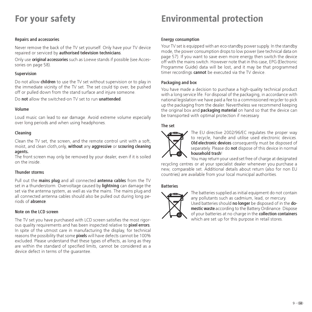 Loewe 32959022 Repairs and accessories, Supervision, Volume, Cleaning, Thunder storms, Energy consumption, Set, Batteries 