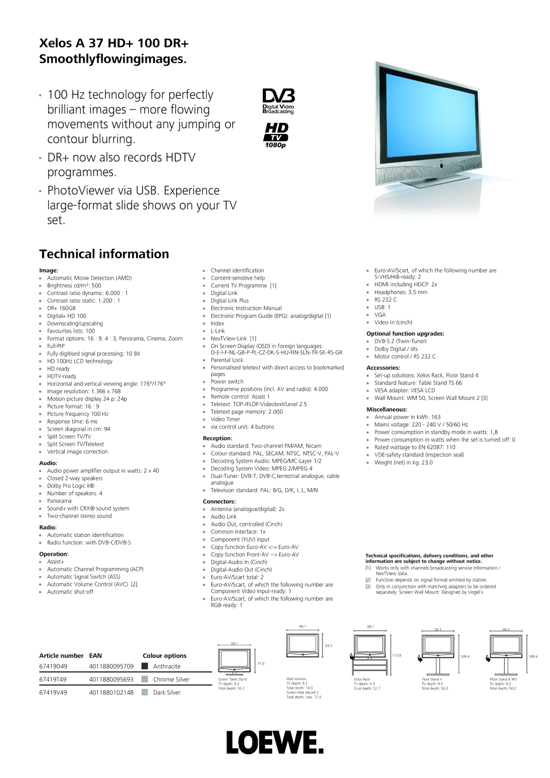 Loewe 37 HD+ 100 DR+ technical specifications Image, Audio, Radio, Operation, Reception, Connectors, Accessories 