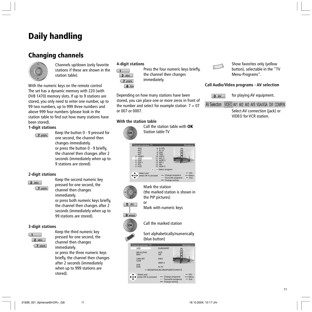Loewe 42 HD/DR+ manual Changing channels, Digit stations, With the station table, Call Audio/Video programs AV selection 