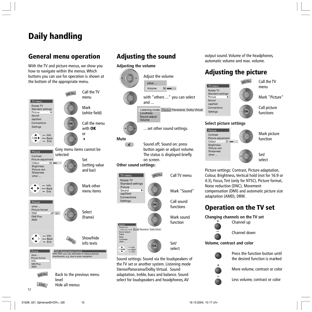 Loewe Spheros 42 HD manual General menu operation, Adjusting the sound, Adjusting the picture, Operation on the TV set 
