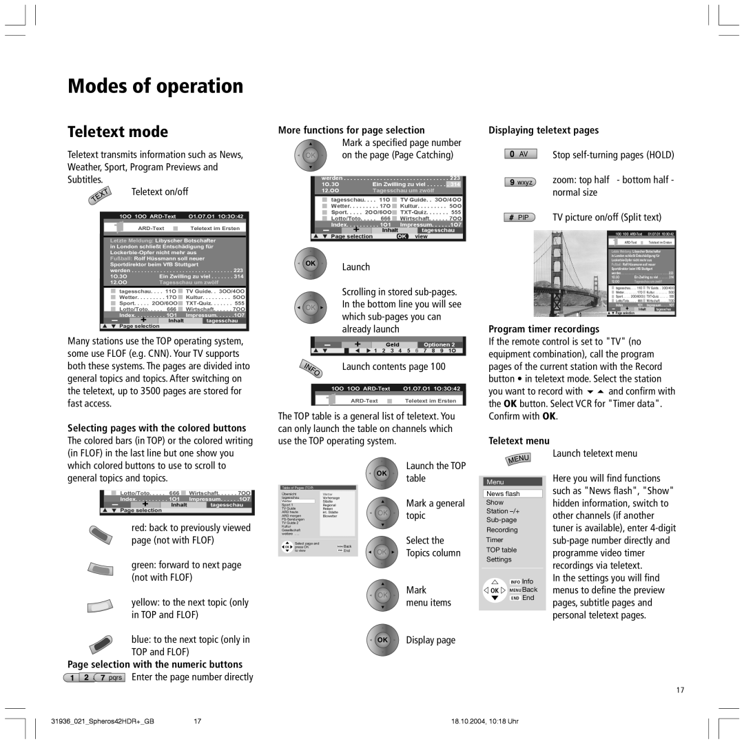 Loewe 42 HD/DR+ Teletext mode, Displaying teletext pages, Program timer recordings, Selection with the numeric buttons 