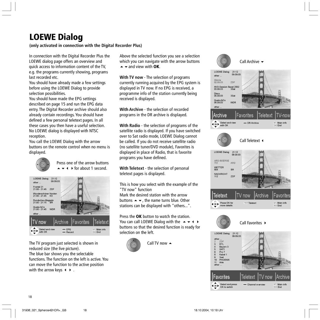 Loewe 42 HD Loewe Dialog, Only activated in connection with the Digital Recorder Plus, For about 1 second, Call Archive 