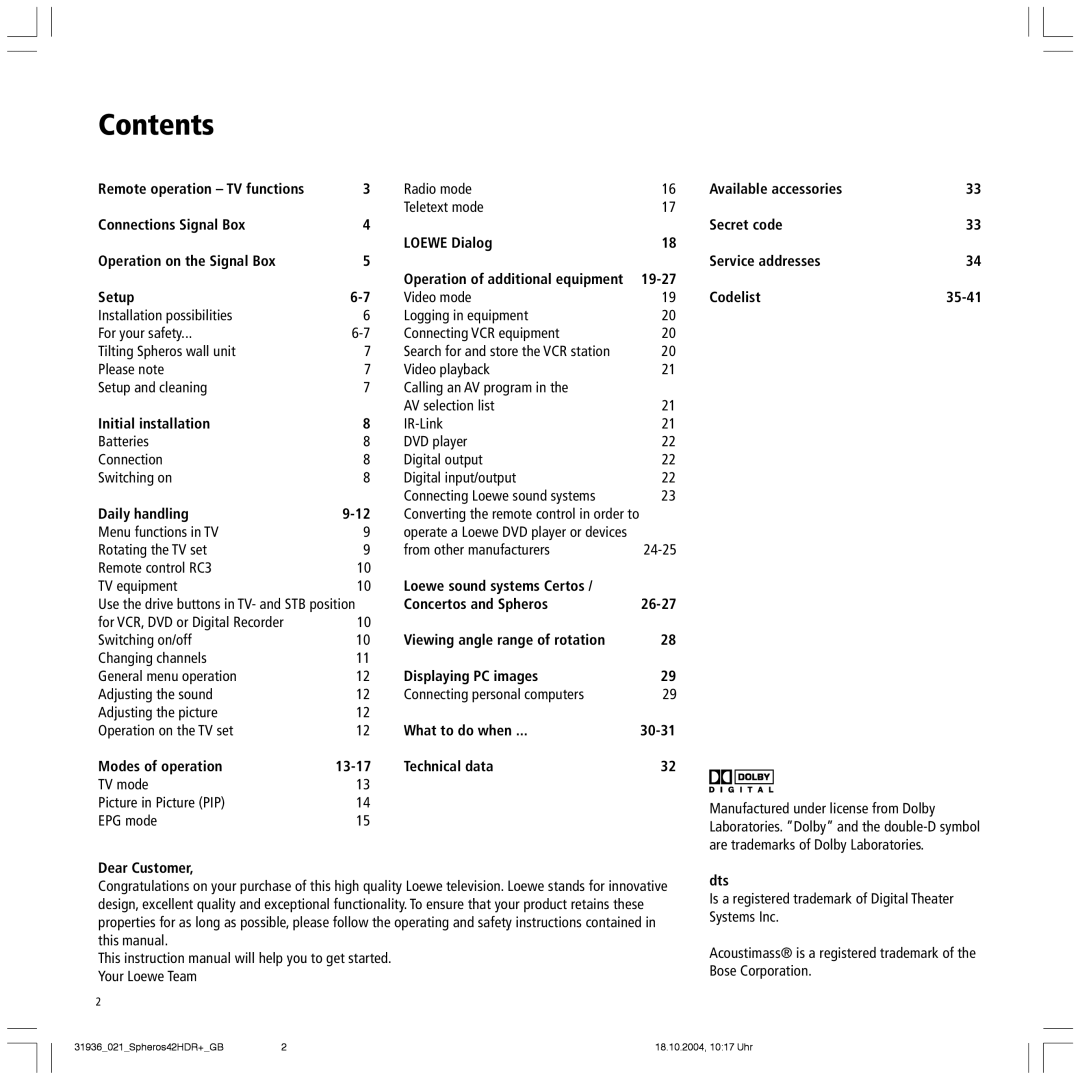 Loewe 42 HD/DR+, Spheros 42 HD manual Contents 