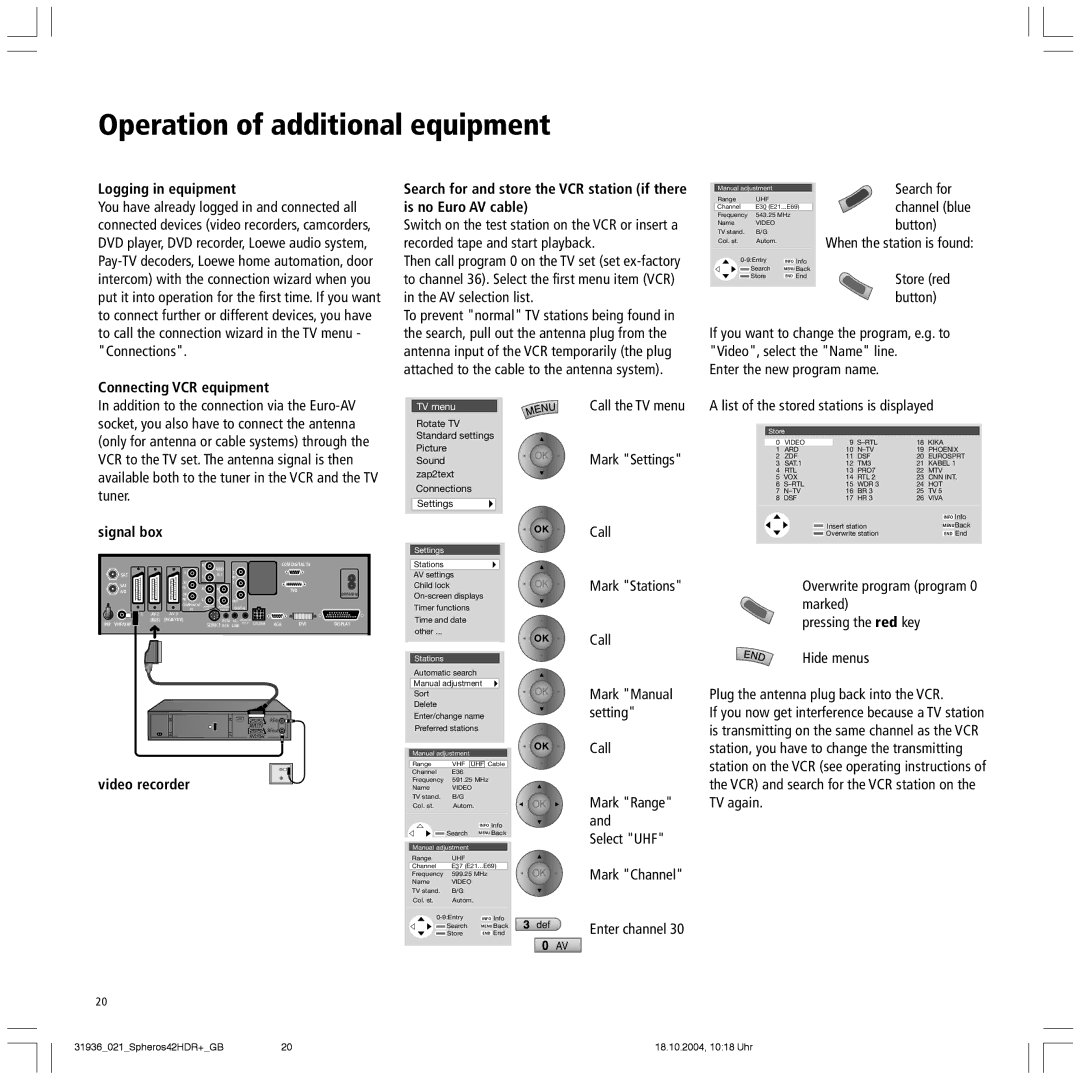 Loewe 42 HD/DR+, Spheros 42 HD manual Logging in equipment, Connecting VCR equipment, Signal box, Video recorder 