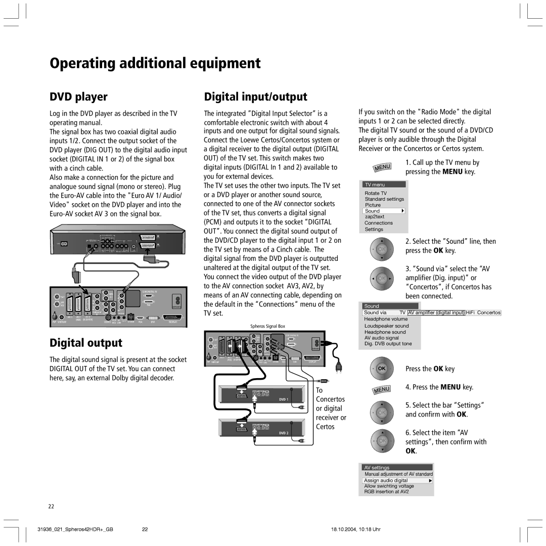 Loewe Spheros 42 HD, 42 HD/DR+ manual Operating additional equipment, DVD player, Digital output, Digital input/output 