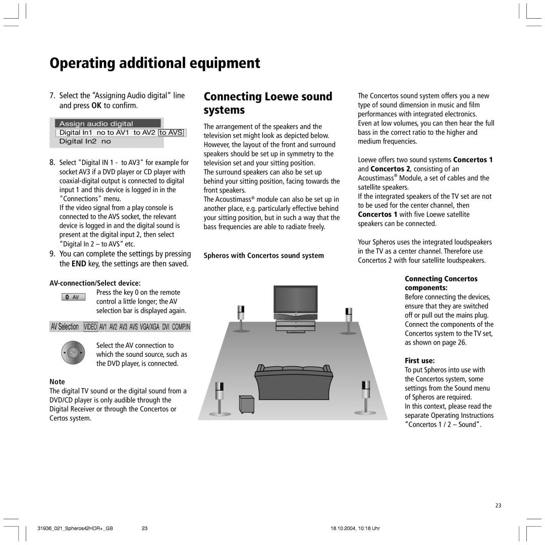Loewe 42 HD/DR+ manual Connecting Loewe sound systems, AV-connection/Select device, Spheros with Concertos sound system 