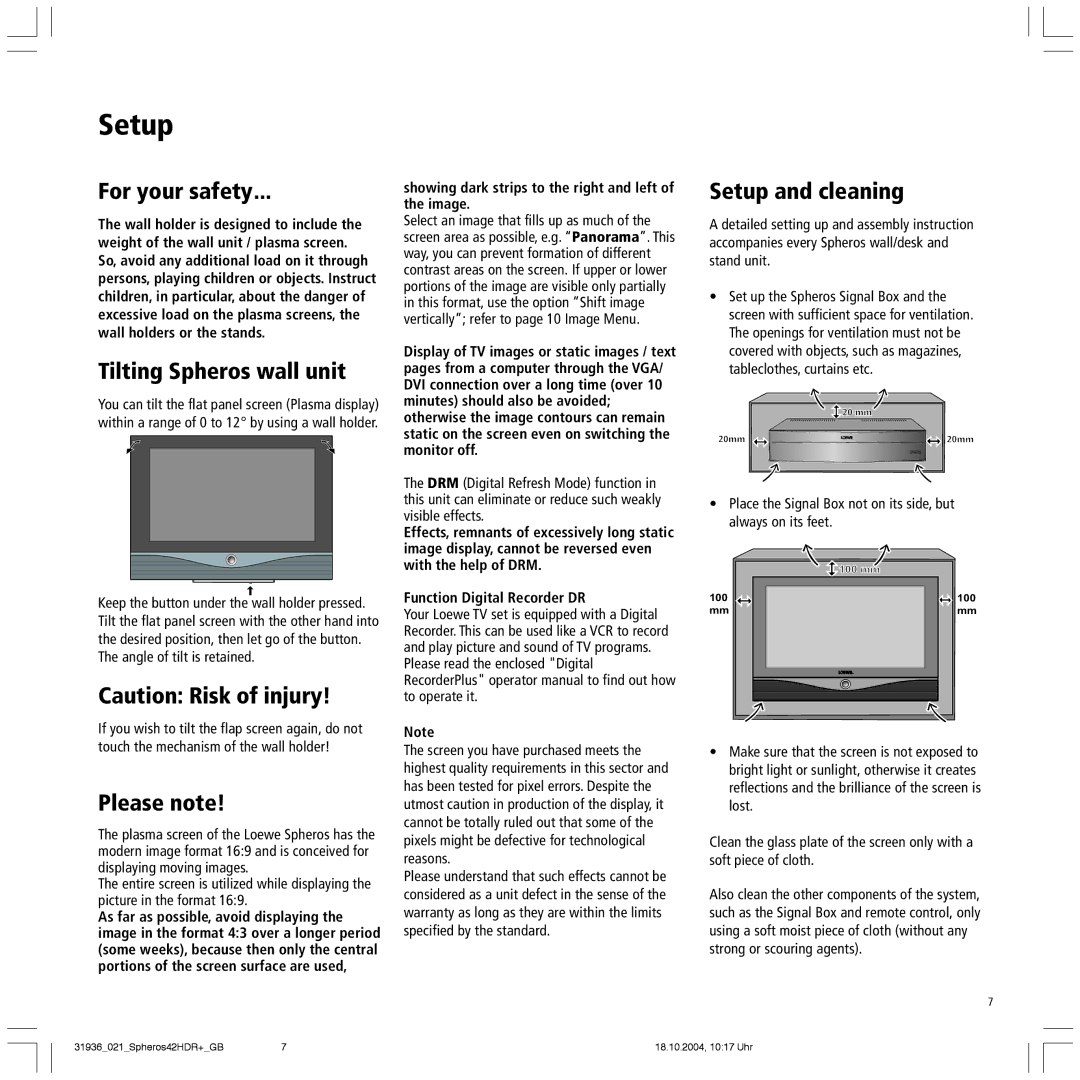 Loewe Spheros 42 HD, 42 HD/DR+ manual Tilting Spheros wall unit, Please note, Setup and cleaning 