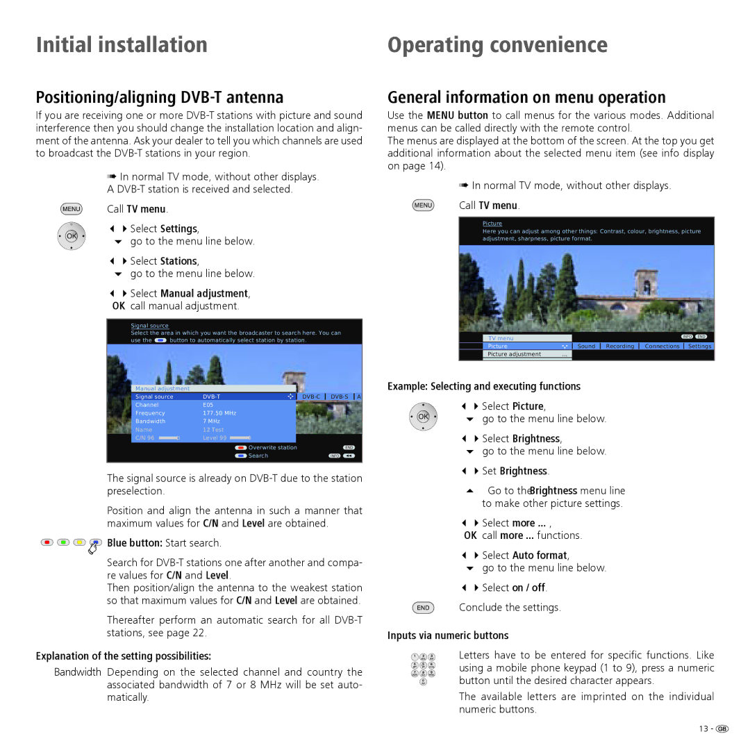 Loewe 46, 40 manual Positioning/aligning DVB-T antenna, General information on menu operation 