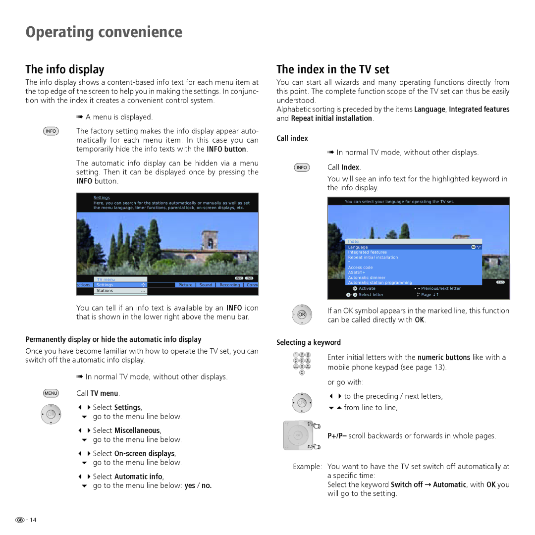 Loewe 46, 40 manual Operating convenience, Info display, Index in the TV set 